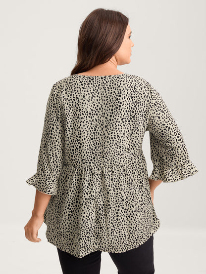 Leopard Print Ruffled Detail V-Neck Blouse