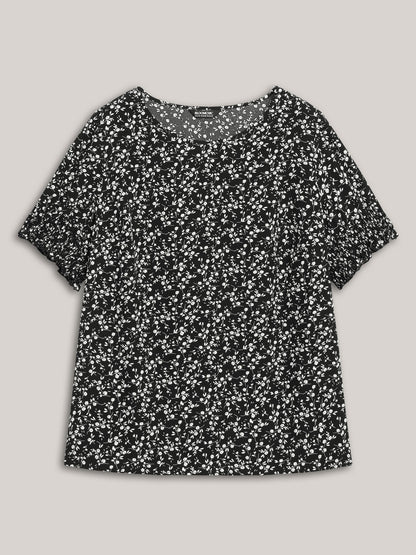 Ditsy Floral Print Curvy Hem Blouse
