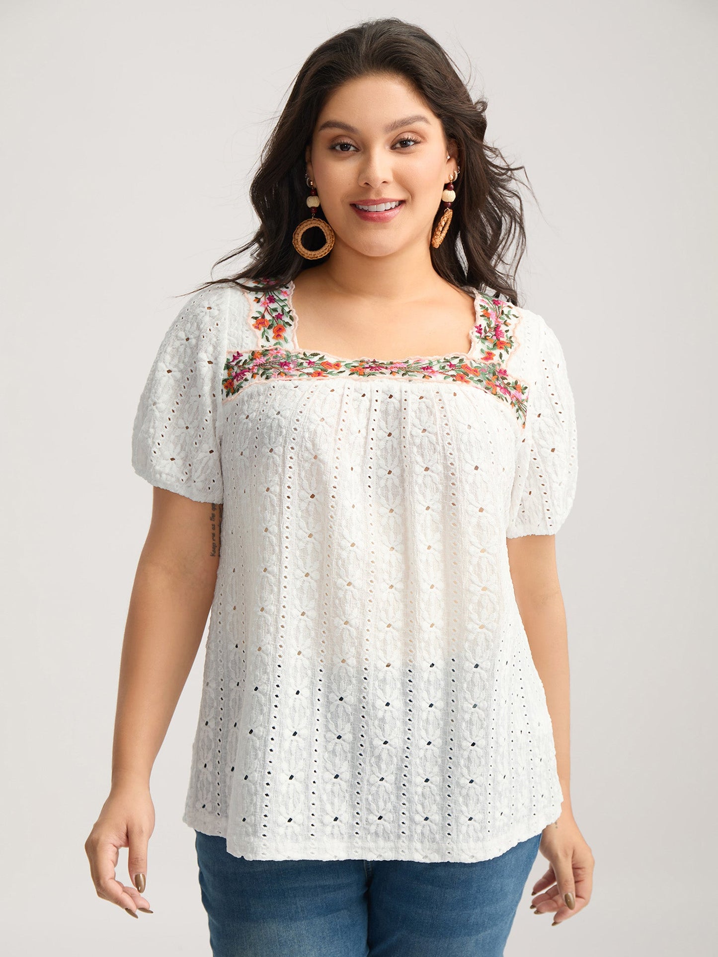 Eyelet Trim Floral Embroidered Solid T-Shirt