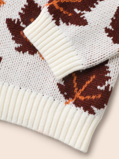 Leaves Jacquard Drop Shoulder Sleeve Pullover