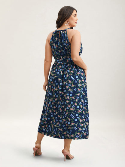 Floral Print Belted Stretchy Waist Midi Dress
