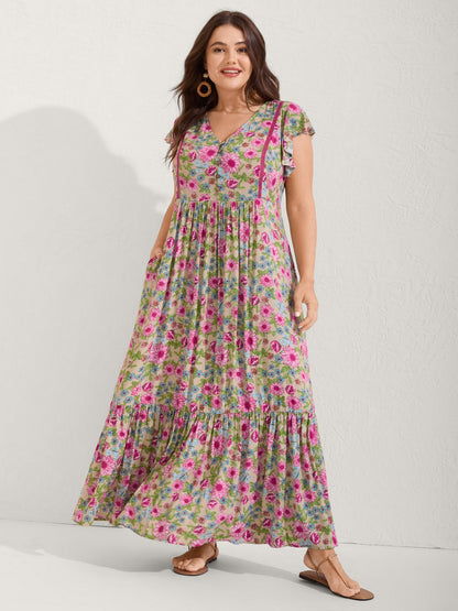 Sweet Floral Lace Trim Tiered Maxi Dress