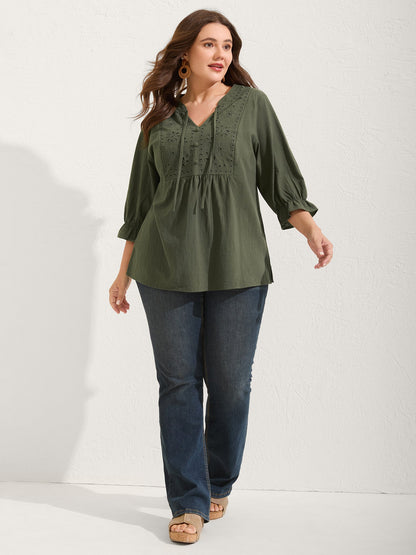 Broderie Anglaise Tie Knot Lantern Sleeve Blouse