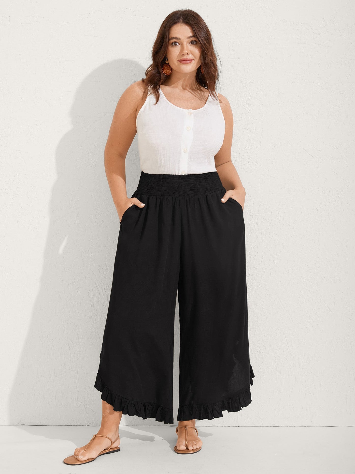 Ruffled Curvy Hem Wide-Leg Pants