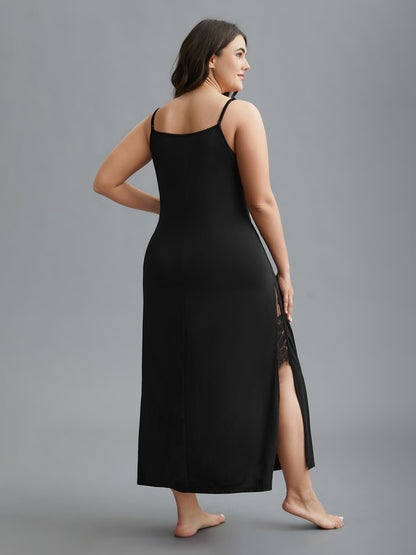 Solid Crisscross Lace Trim Slit Hem Sleep Dress