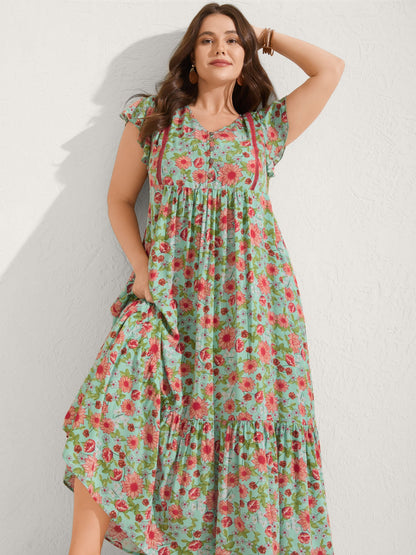 Sweet Floral Lace Trim Tiered Maxi Dress