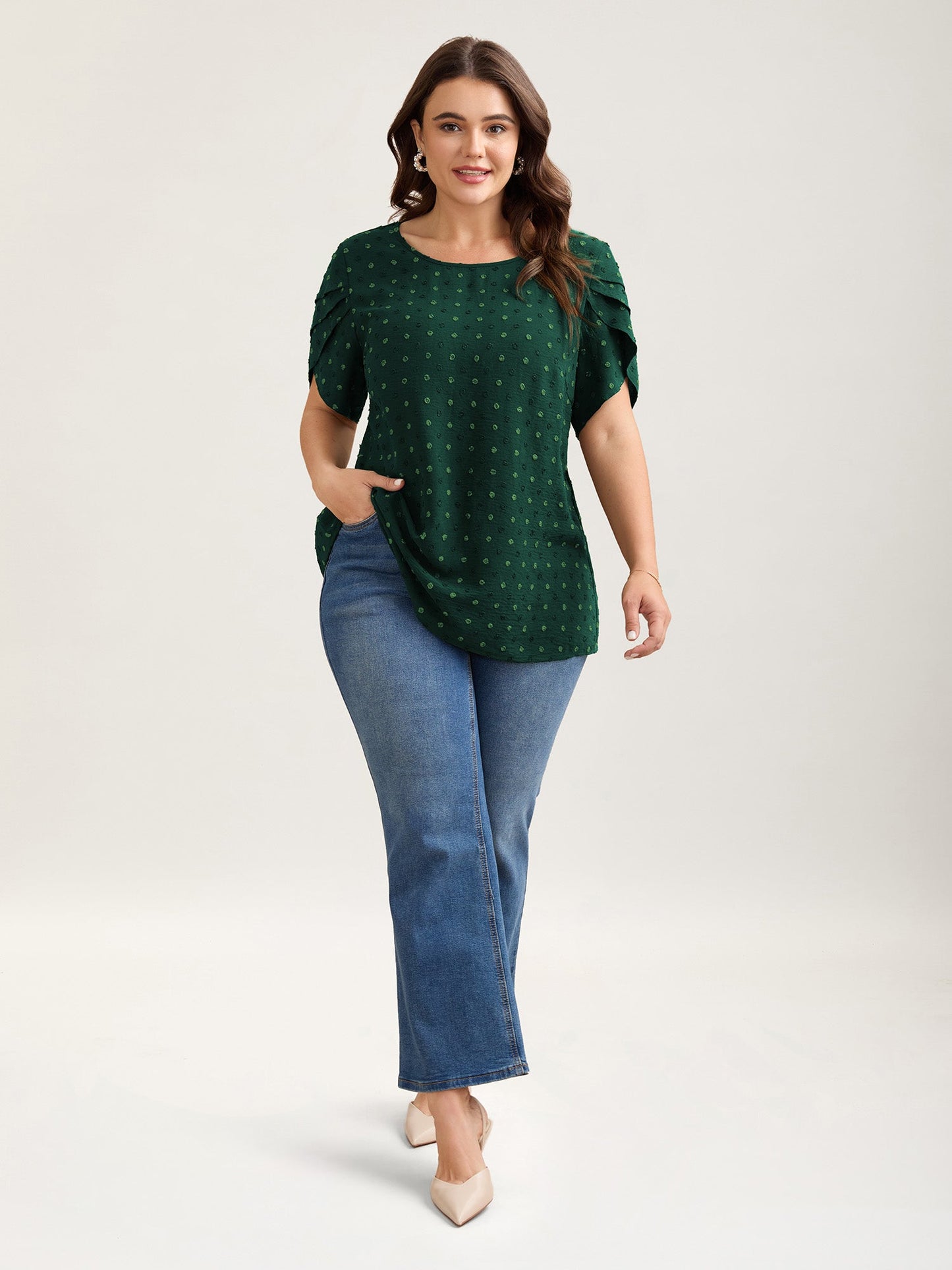 Textured Color Contrast Petal Sleeve Blouse