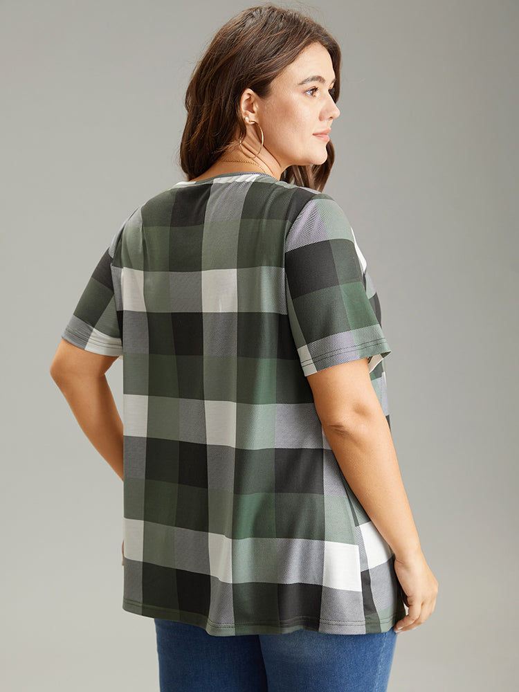 Plaid Round Neck Gathered T-shirt