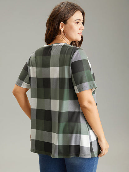 Plaid Round Neck Gathered T-shirt