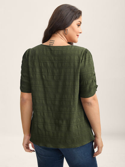Textured Gathered Sleeve Split Neck Blouse