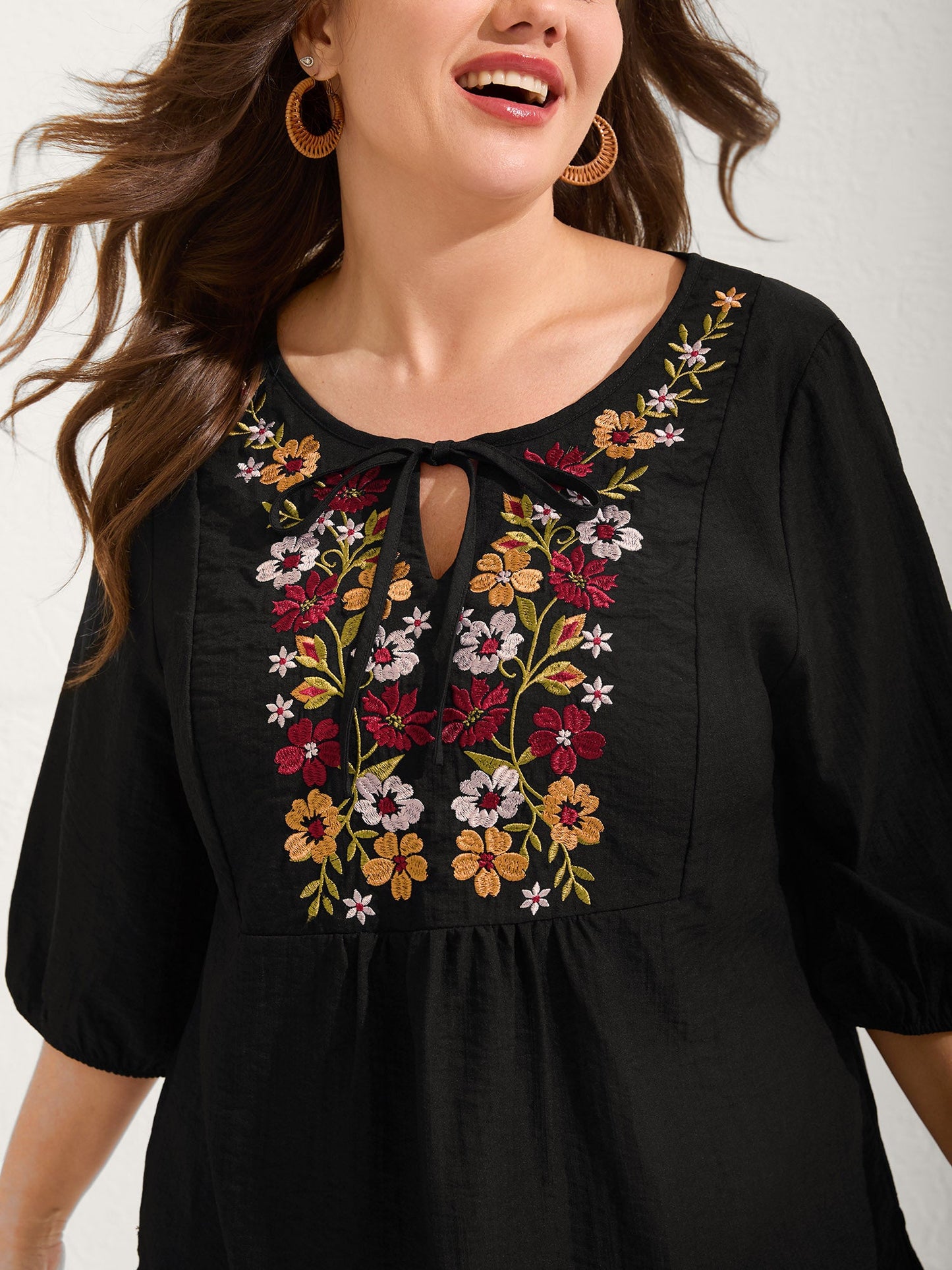 Floral Embroidered Tie Knot Lantern Sleeve Blouse