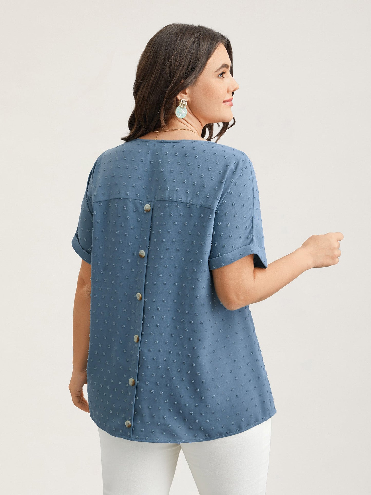 Back-Button Textured V-Neck Shirt
