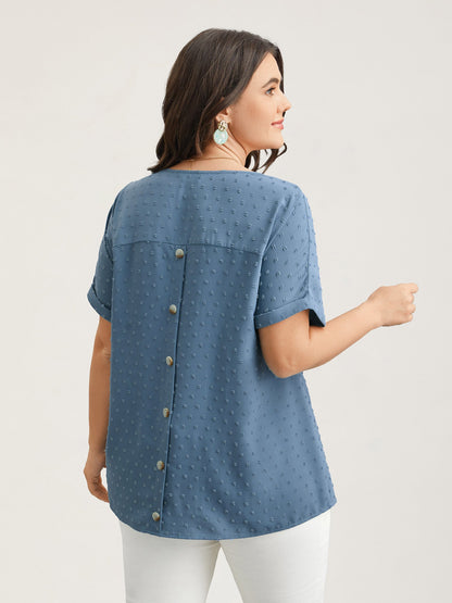 Back-Button Textured V-Neck Shirt