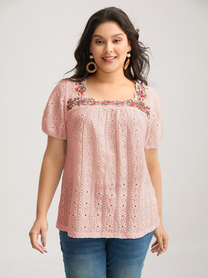 Eyelet Trim Floral Embroidered Solid T-Shirt