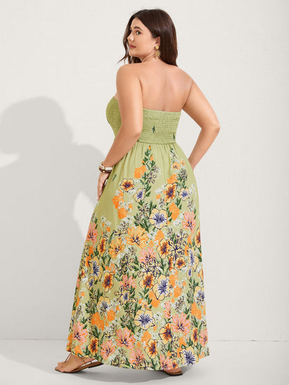 Shirred Off-Sleeve Floral Print Maxi Dress
