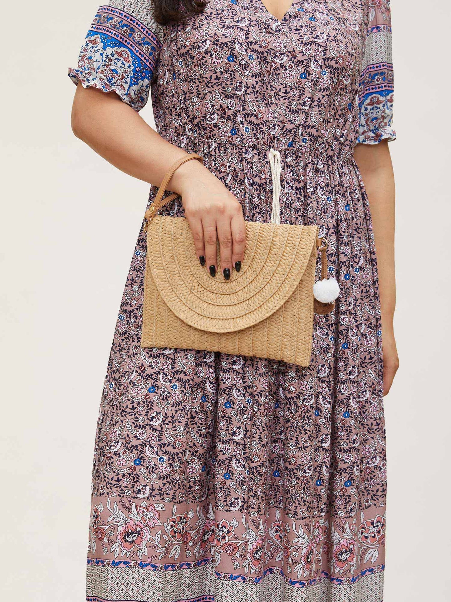 Boho Print Notched Ties Tassel Trim Dress