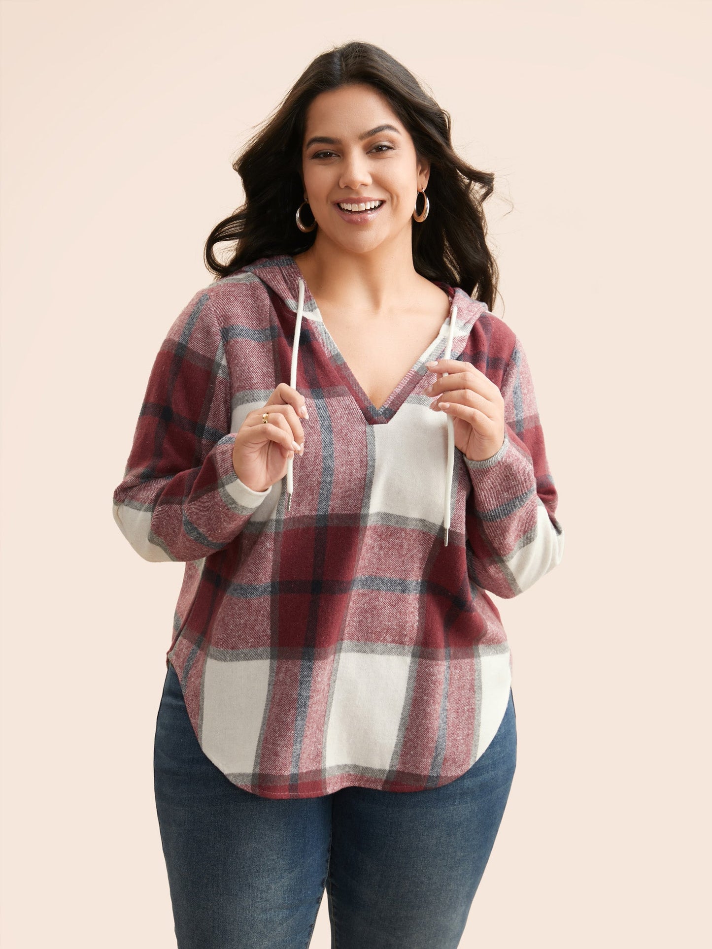 Brushed Fabric Plaid Hooded Sweatshirt