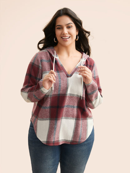Brushed Fabric Plaid Hooded Sweatshirt
