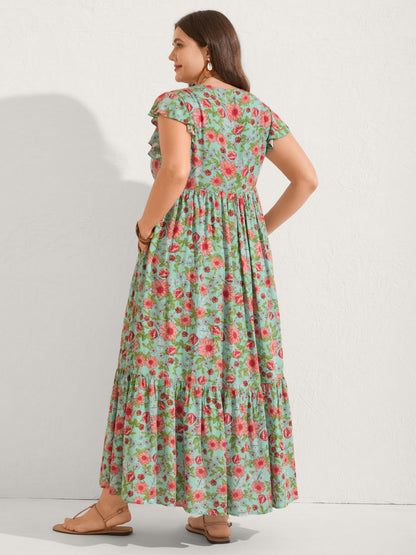 Sweet Floral Lace Trim Tiered Maxi Dress
