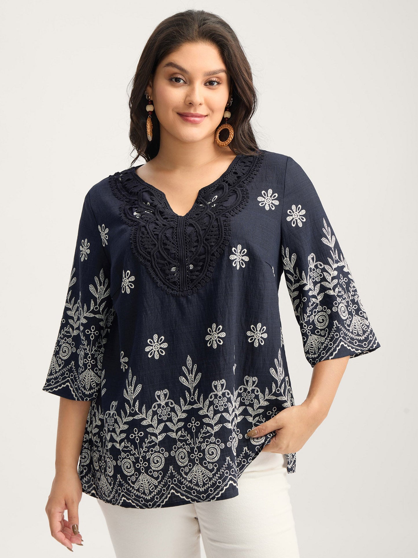 Boho Print Lace Neck Blouse