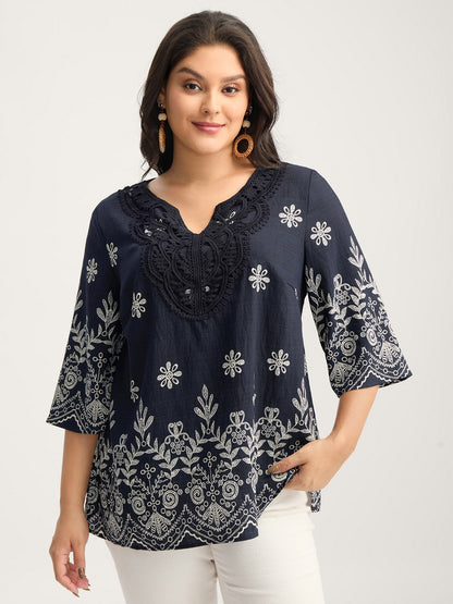 Boho Print Lace Neck Blouse