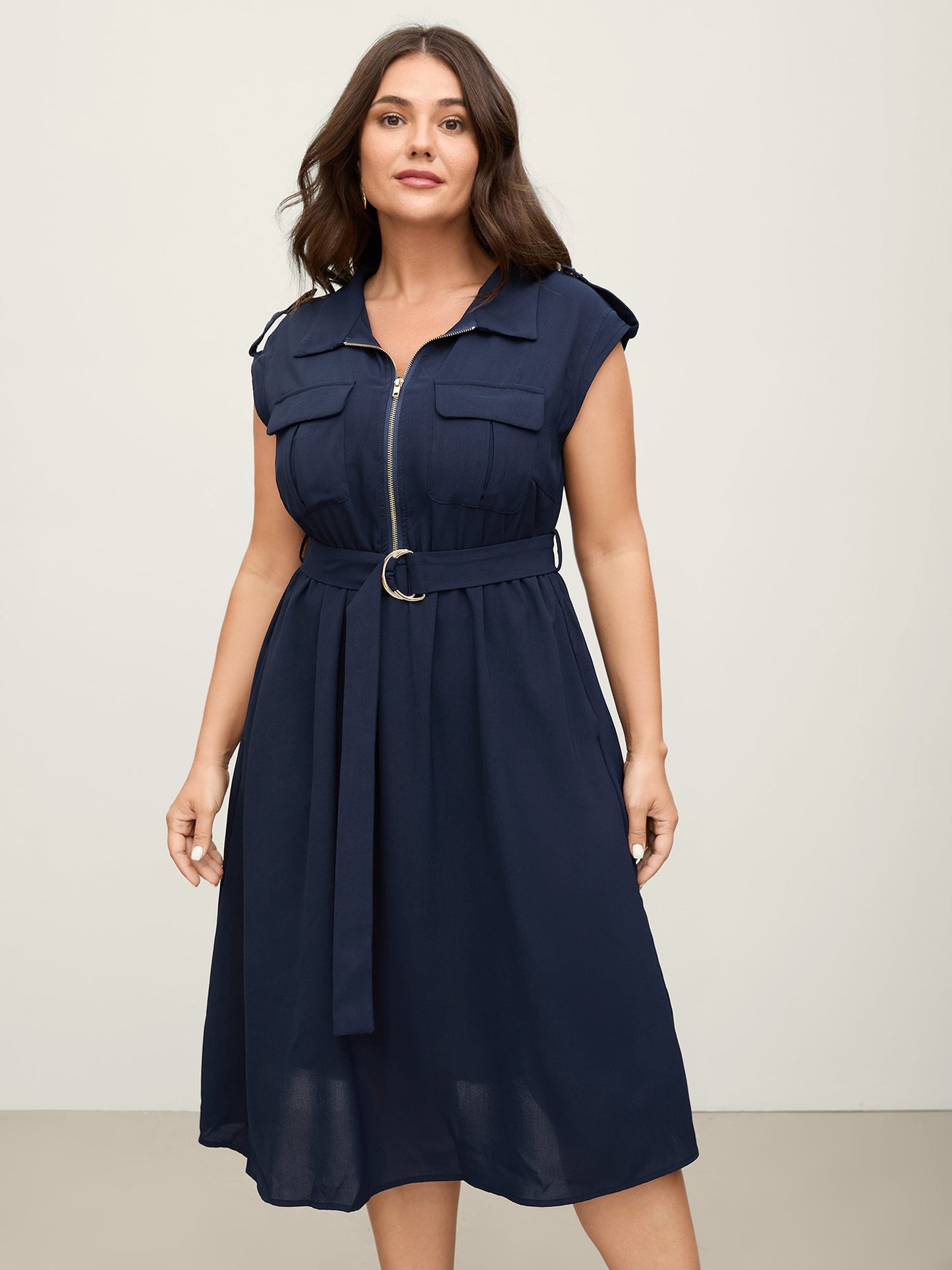 Half Zipper Pockets Belted Midi Dress