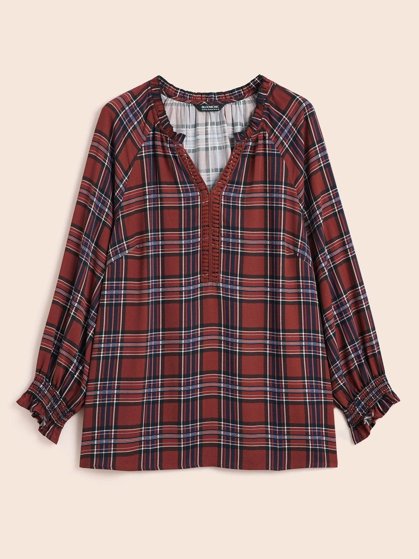 Plaid Contrast Webbing Ruffle Trim Blouse