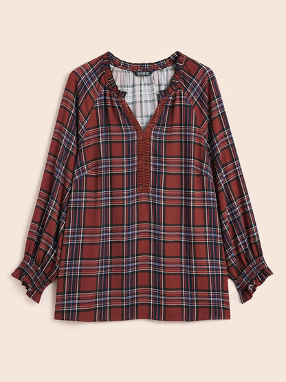 Plaid Contrast Webbing Ruffle Trim Blouse