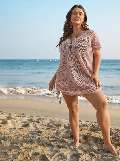 Heart Pattern Drawstring Textured Sheer Swim Cover-Up