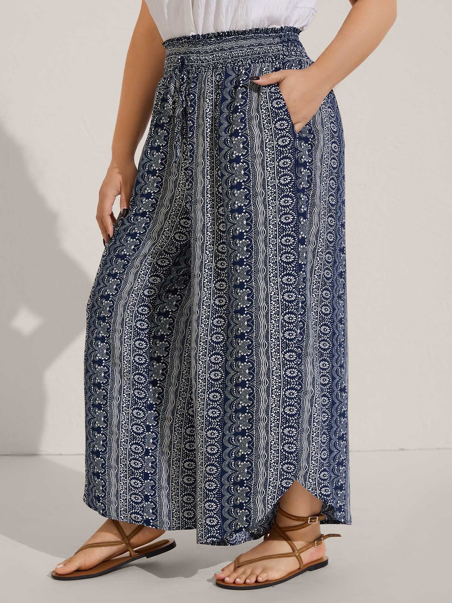 Boho Print Shirred Waist Wide-Leg Pants