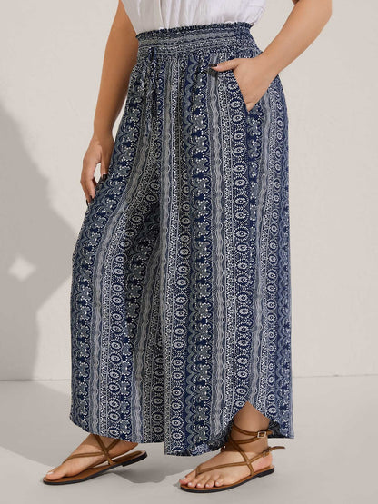 Boho Print Shirred Waist Wide-Leg Pants