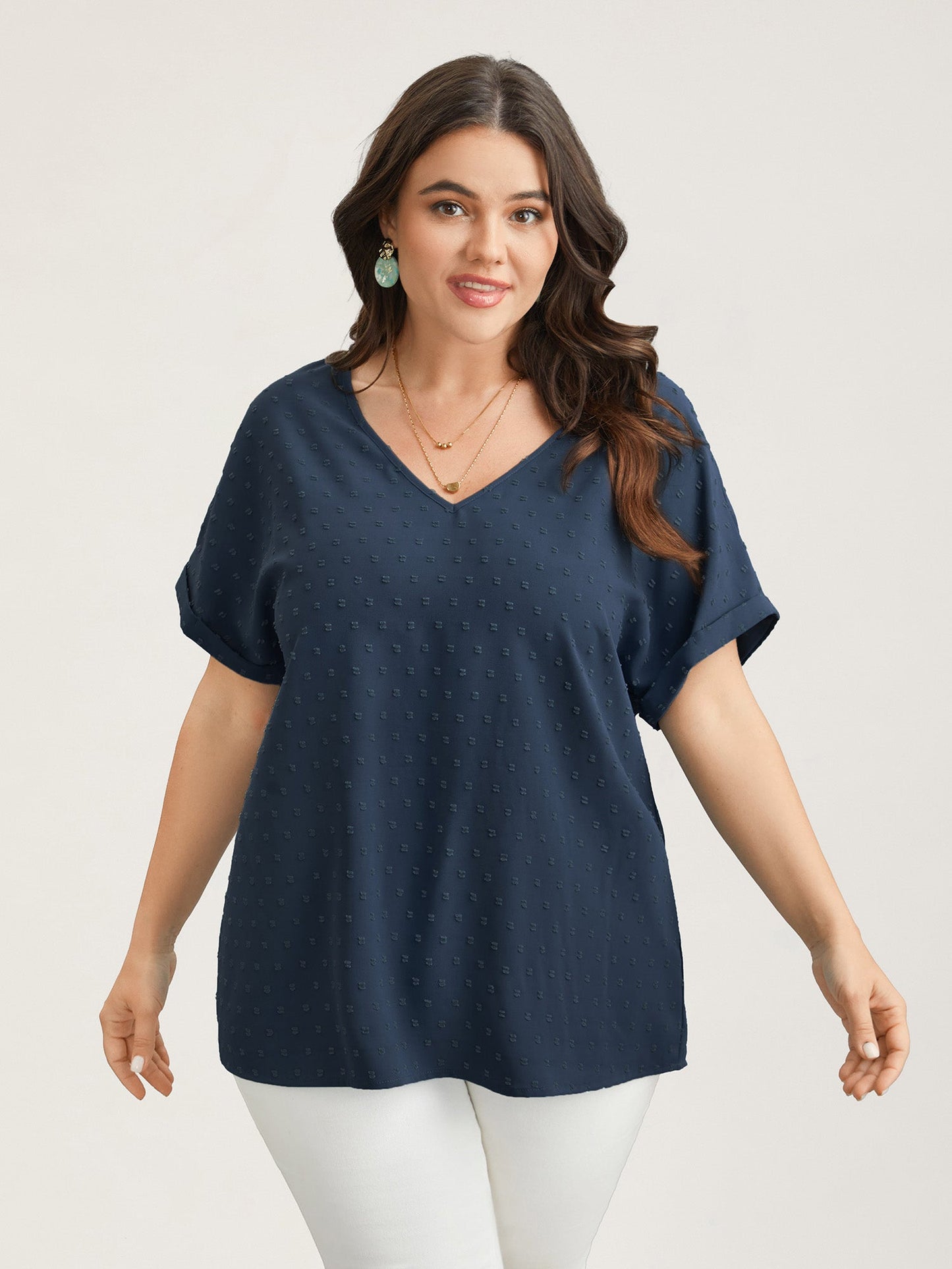 Back-Button Textured V-Neck Shirt