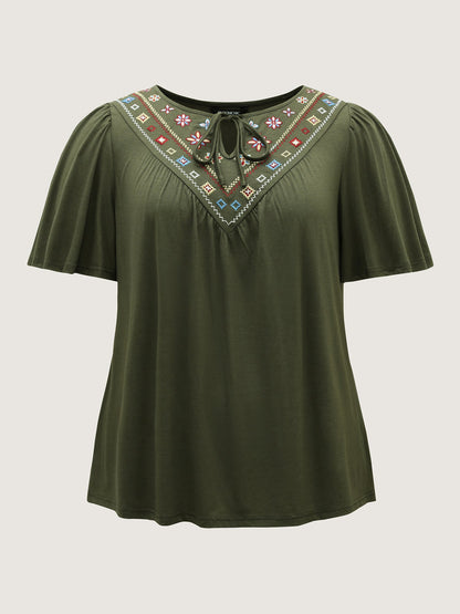 Geometric Embroidery Neck-Tie Top