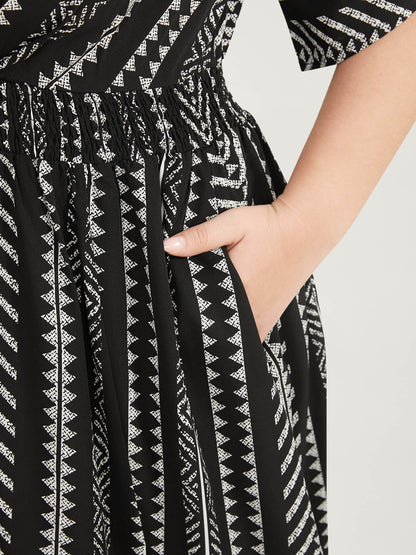Solid Geometric Dolman Sleeve Pocket Shirred Split Hem Dress