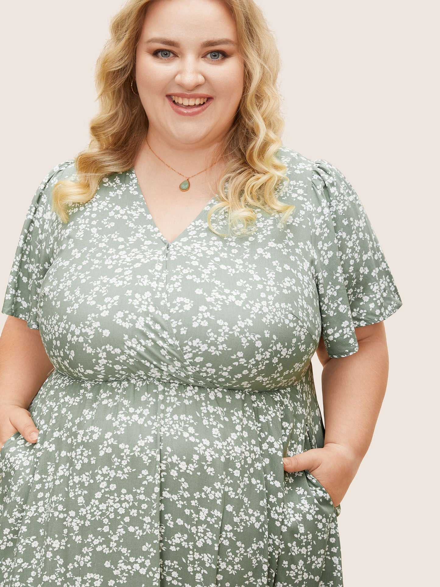 Bloom Dress - Flutter Sleeve Ditsy Floral Pocket Split Maxi Dress