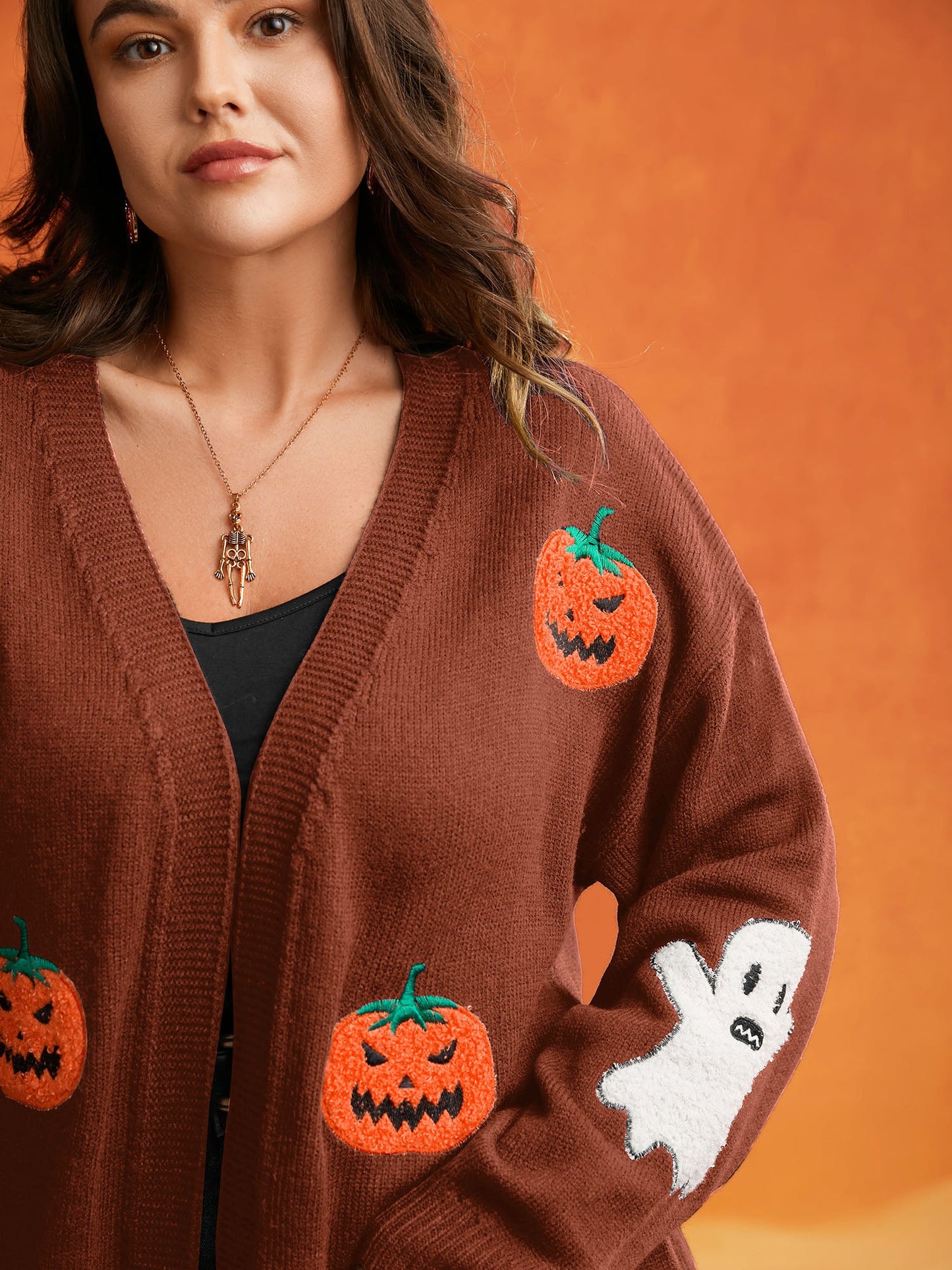 Pumpkin Ghost Embroidery Open Cardigan