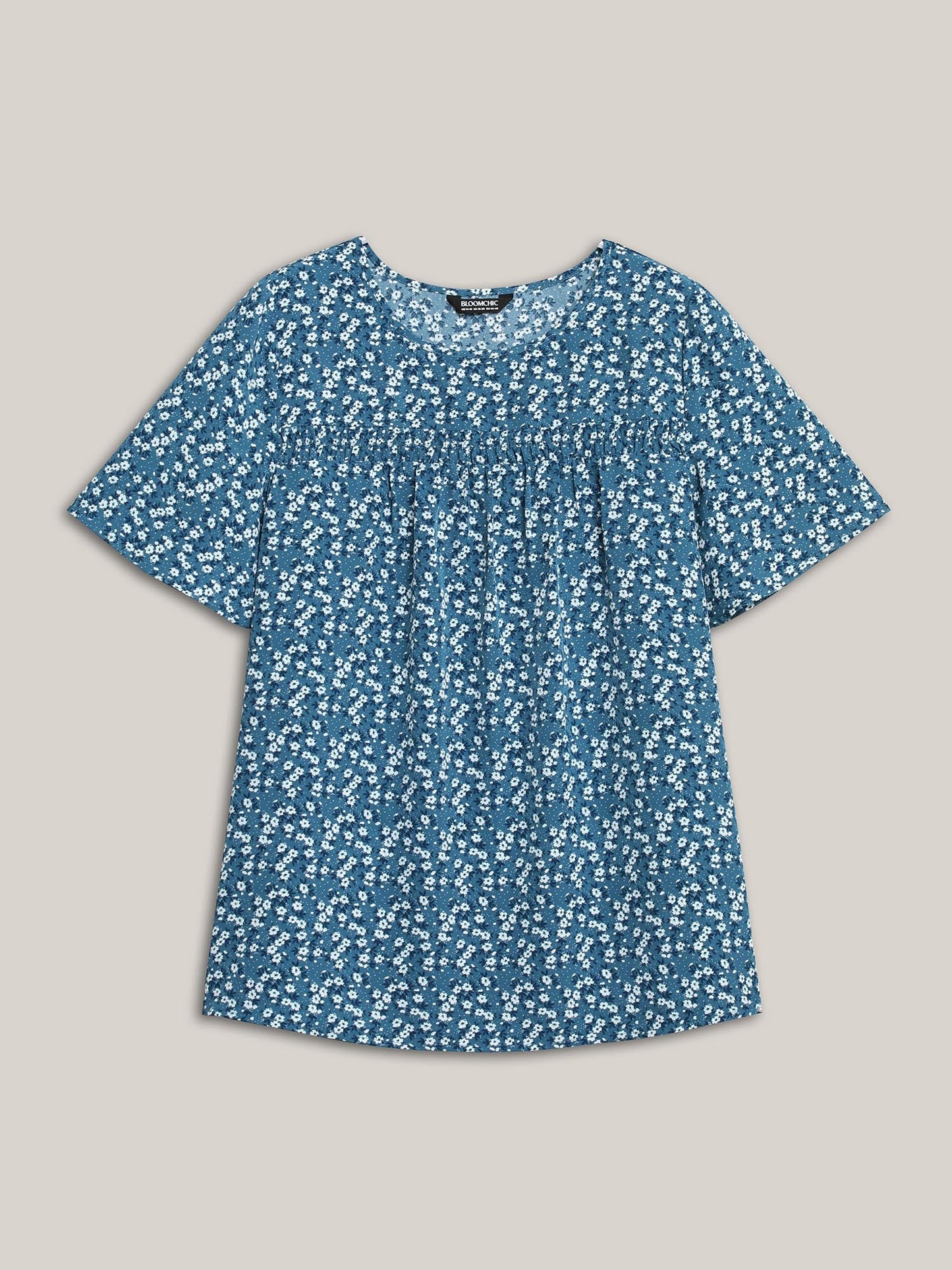 Floral Ruffle Sleeve Gathered Round Neck Blouse