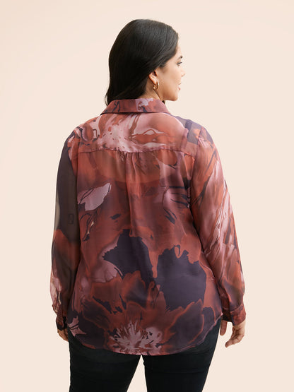 Watercolor Floral Mesh Shirt Collar Blouse