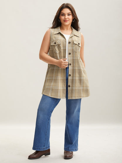 Plaid Flap Detail Sleeveless Jacket