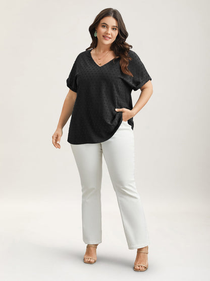 Back-Button Textured V-Neck Shirt