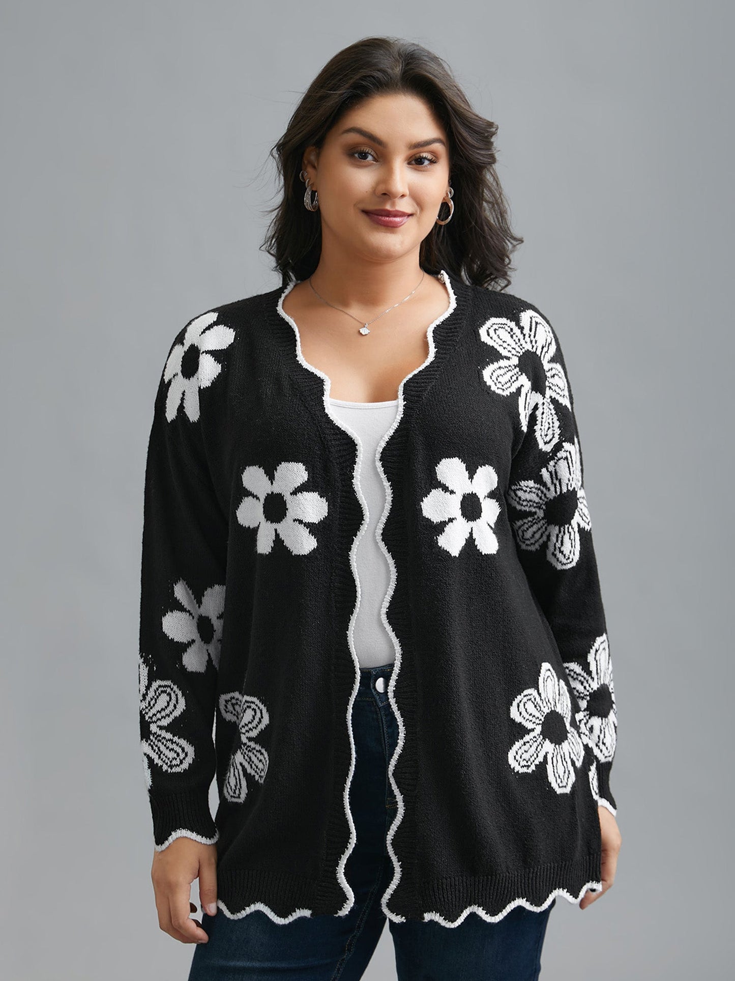 Floral Pattern Open-Front Knitted Cardigan