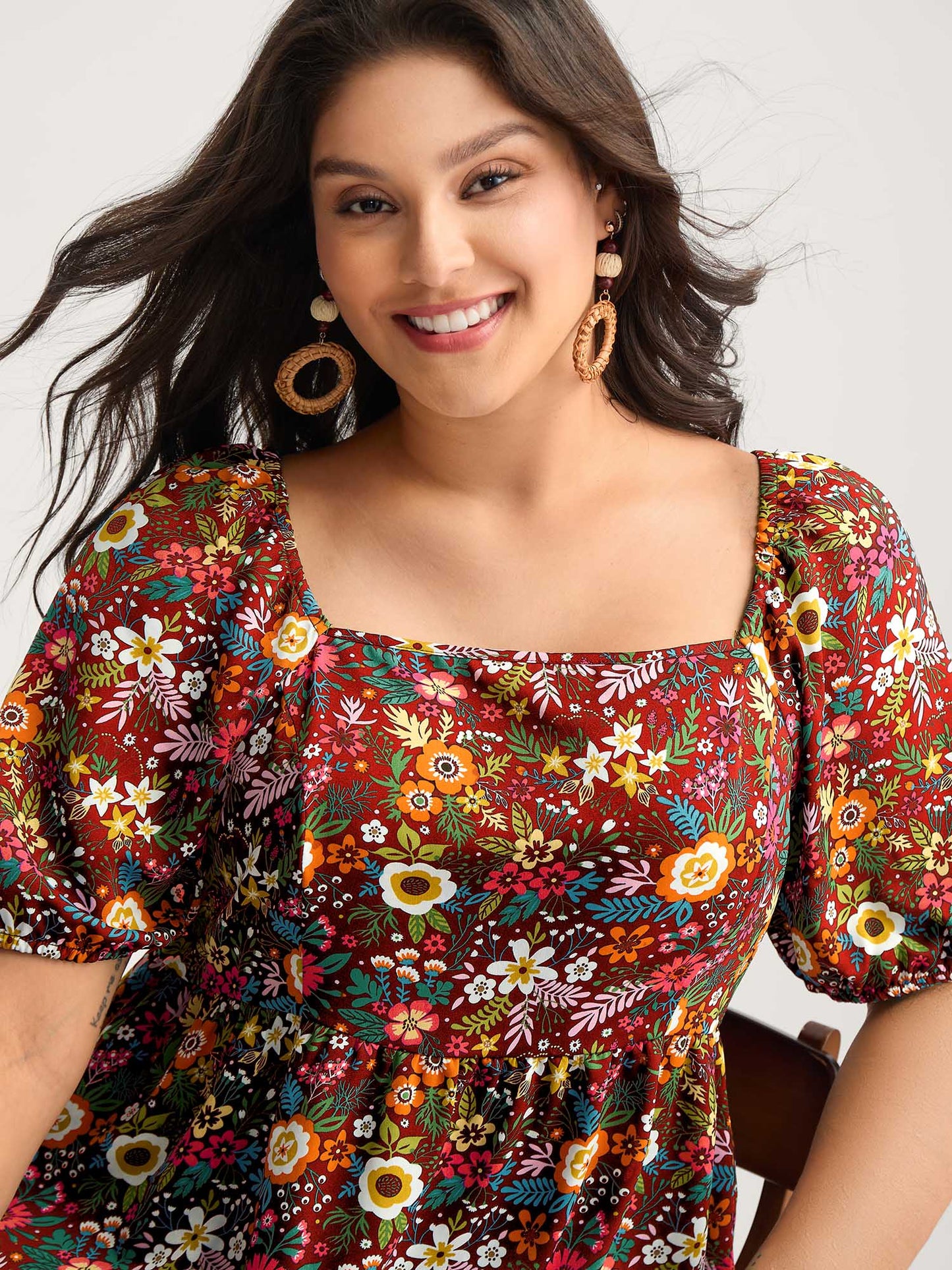 Floral Square Neck Fit and Flare Blouse