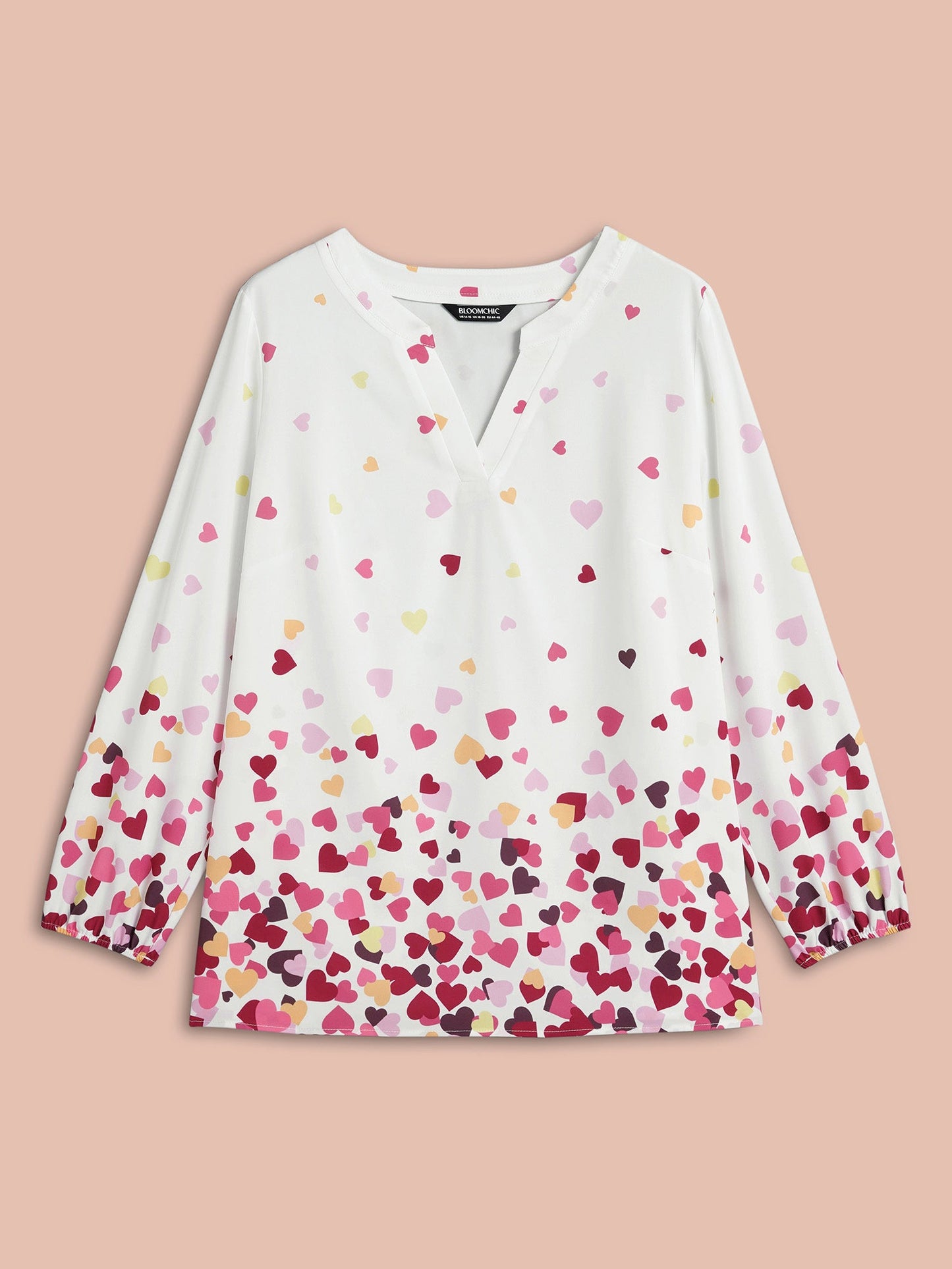 Notched Collar Multi-Color Hearts Blouse
