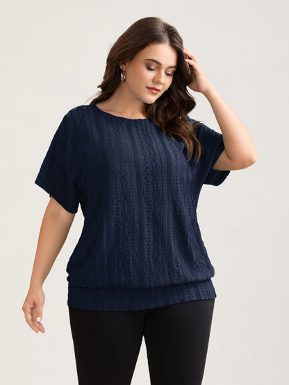 Eyelet Trim Stretchy Textured Plain Top
