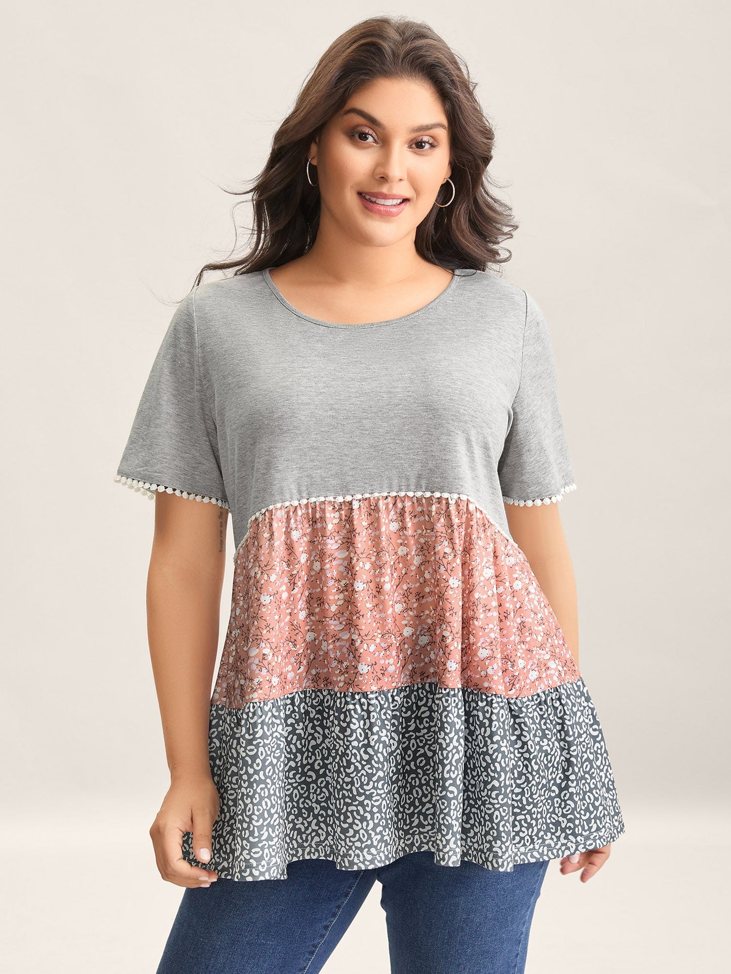 Ditsy Floral Print Patchwork Layered T-Shirt