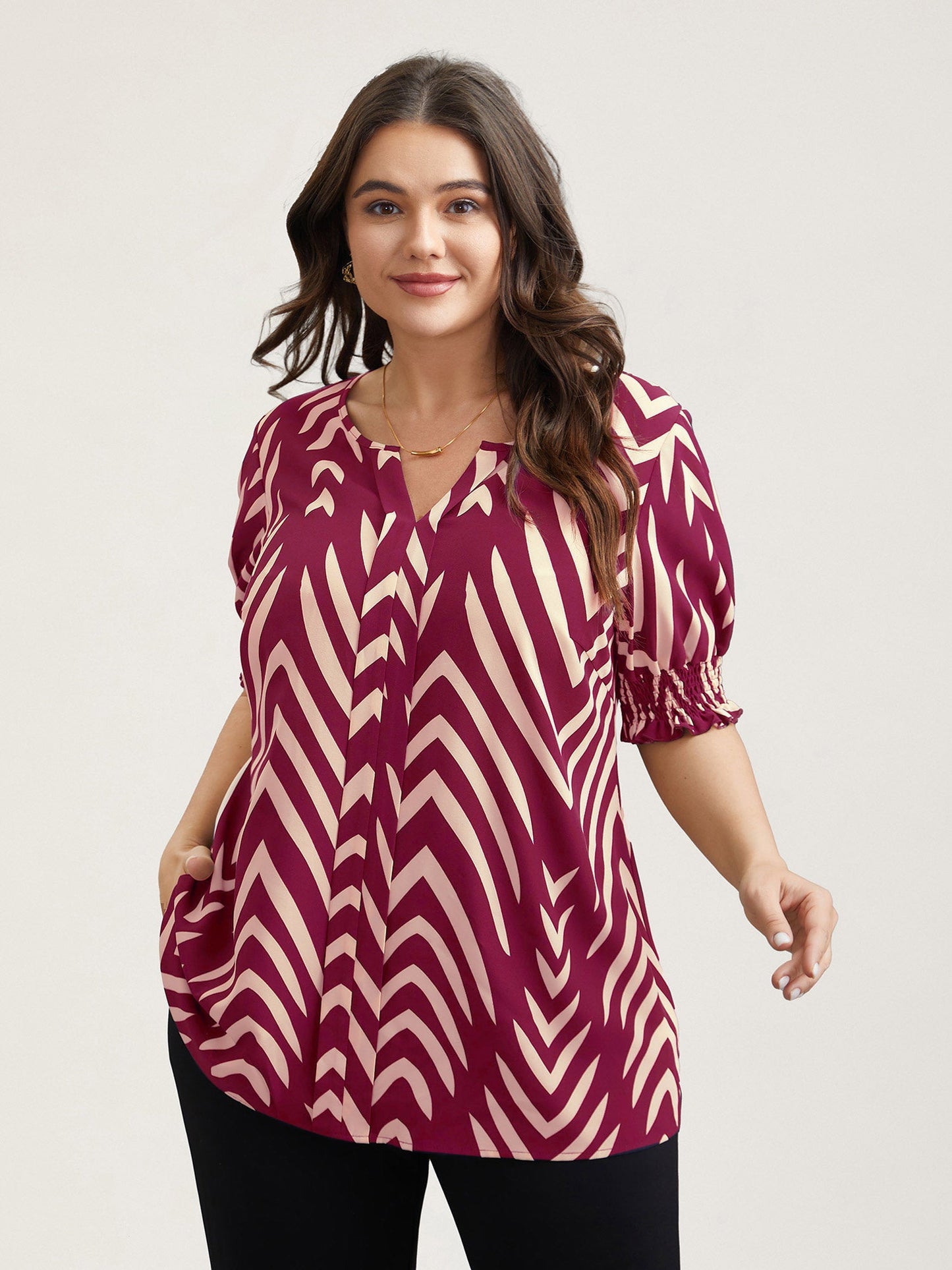 Geometric Print Ruffled Shirred Shirt
