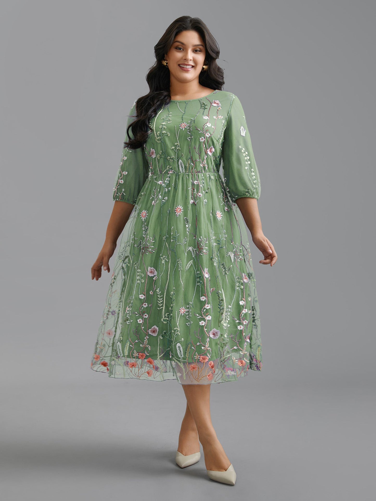 Floral Embroidered Elastic Waist Lined Midi Dress