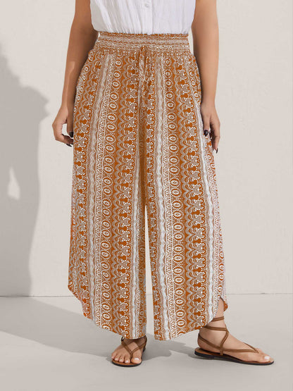 Boho Print Shirred Waist Wide-Leg Pants