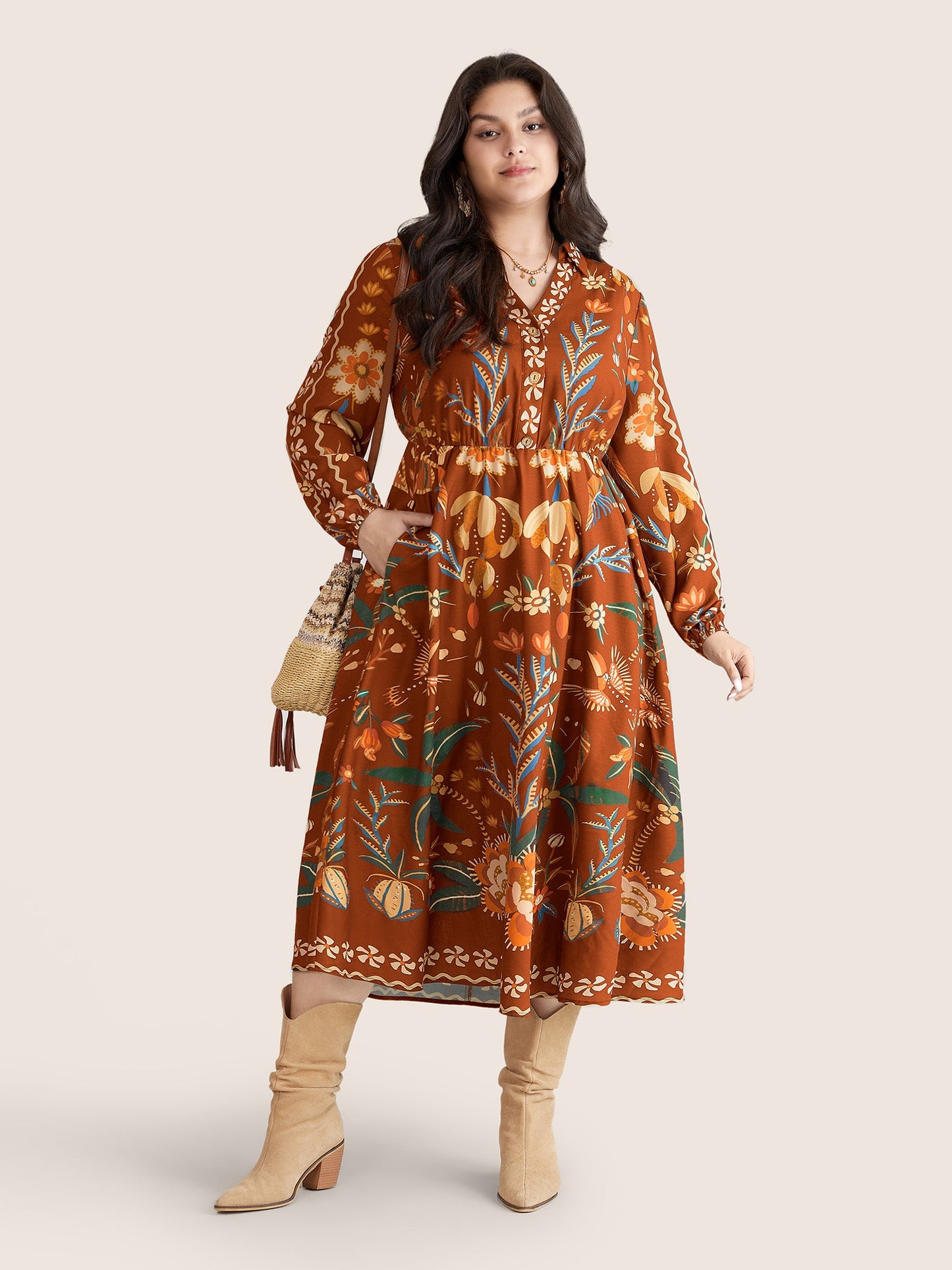 Bandana Print Pocket Lapel Collar Elastic Cuffs Dress