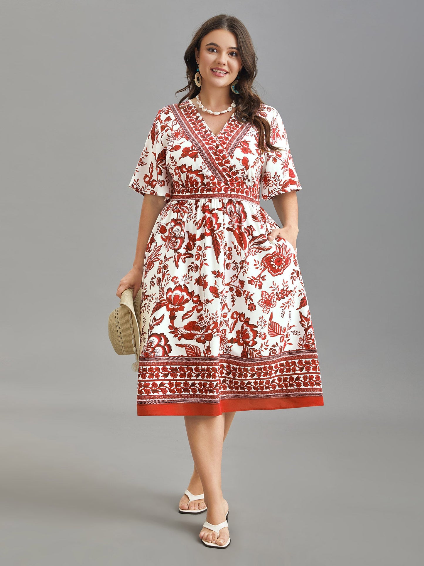 Floral Print Wrap-Neck Pocket Midi Dress